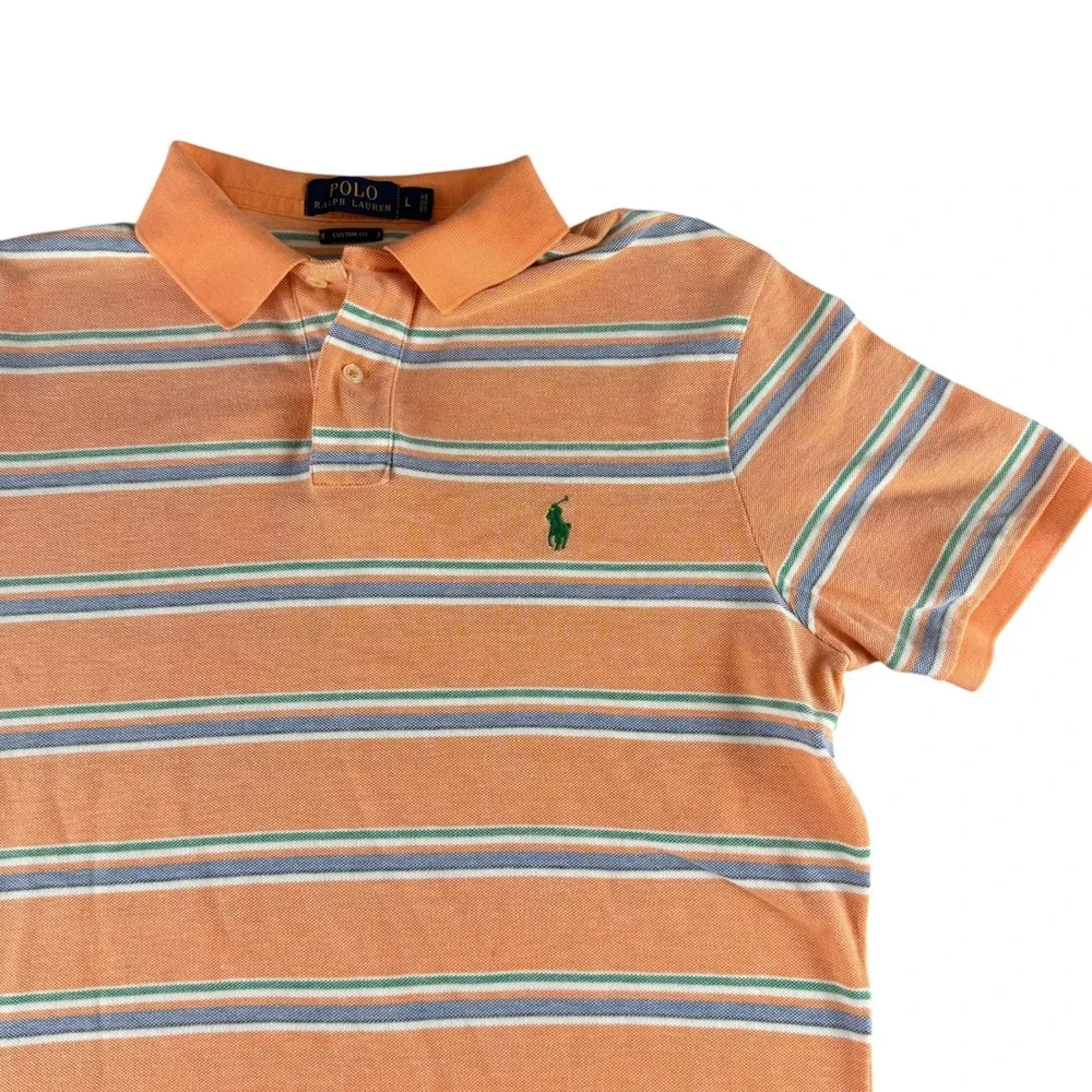 Polo Ralph Lauren‎ Mens Large Custom Fit Orange Striped Short Sleeve Polo Shirt